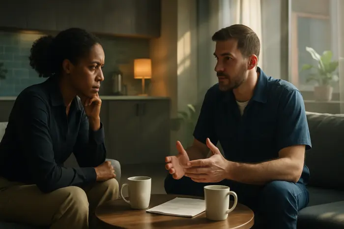 Two professionals having a serious conversation in a modern breakroom or casual meeting area. One person is listening intently while the other speaks with measured confidence and composure. Their body language shows mutual respect despite the serious nature of their discussion. The environment includes elements like coffee cups and comfortable seating, suggesting an important but controlled conversation. The scene captures the essence of delivering difficult news professionally. The diverse professionals are dressed in industry-appropriate attire that might include creative business casual or skilled trade workwear rather than traditional suits. Photo-realistic, professional photography, high-resolution, natural lighting, authentic details.