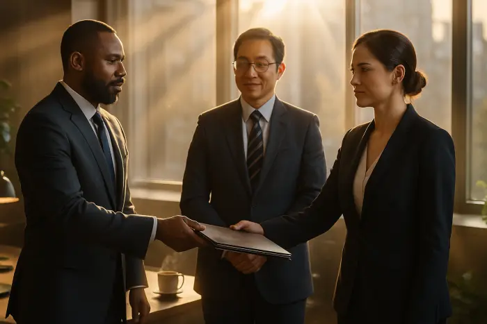 A diverse group of three professionals standing confidently in a modern, bright office space with large windows. One person is handing over a folder to another with a determined but calm expression. The third person observes with an approving nod. Their body language conveys quiet confidence and professional dignity rather than conflict. The lighting is warm and optimistic, creating a sense of empowerment rather than tension. The scene captures the moment of a professional transition being handled with composure and strategic intent. Photo-realistic, professional photography, high-resolution, natural lighting, authentic details.