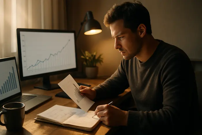 A person reviewing financial documents and business metrics at a home office desk. Multiple screens display growth charts and income projections. A notebook shows handwritten calculations and benchmarks. The workspace is organized but lived-in, with a coffee mug and small plant. The person has a focused, analytical expression as they compare side hustle income to current salary requirements. Warm, natural lighting creates a productive atmosphere. No visible text on any documents or screens. Photo-realistic, professional photography, high-resolution, natural lighting, authentic details.