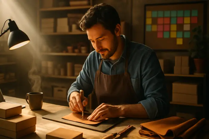 A small business owner in a workshop environment working on handcrafted products. They're wearing casual work attire with an apron, focused on creating their product with specialized tools. The workspace shows evidence of a growing operation - some completed products are packaged in branded (but text-free) packaging, while raw materials are organized on shelves. A scheduling board with color-coded (but text-free) organization system suggests increasing order volume. The lighting is warm and the atmosphere conveys both craftsmanship and business growth. The person's expression shows pride and concentration. Photo-realistic, professional photography, high-resolution, natural lighting, authentic details.