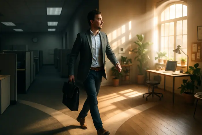 A professional stands at a crossroads between two paths, symbolizing the transition from employment to entrepreneurship. On the left side is a traditional office environment with muted lighting, cubicles, and a clock on the wall. On the right side is a bright, open creative workspace with plants, natural light streaming through windows, and personal touches. The person is taking a confident step toward the entrepreneurial path, dressed in smart-casual attire that bridges both worlds. Their expression shows determination mixed with excitement. The lighting creates a visual contrast between the two paths - cooler, fluorescent lighting on the office side and warm, natural light on the entrepreneurial side. Photo-realistic, professional photography, high-resolution, natural lighting, authentic details.