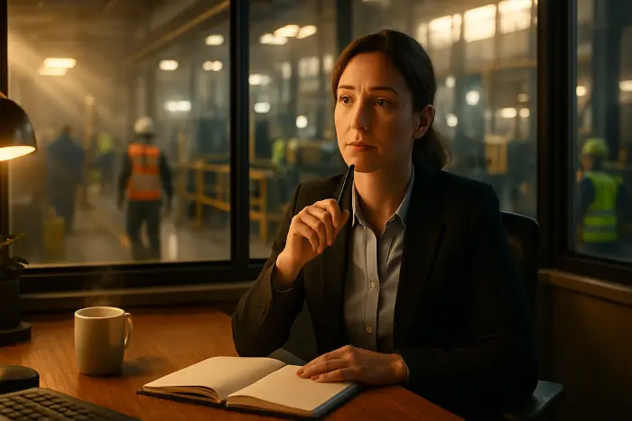 A professional woman sitting at her desk in a manufacturing facility office, looking thoughtfully at a blank notebook while holding a pen. She has a contemplative expression as she prepares for a self-assessment. Behind her through a window, the production floor is visible with workers in safety gear. The lighting is warm and natural, creating a moment of reflection amid an industrial setting. The scene conveys the universal application of stay interviews across diverse workplace environments beyond traditional offices. Photo-realistic, professional photography, high-resolution, natural lighting, authentic details.