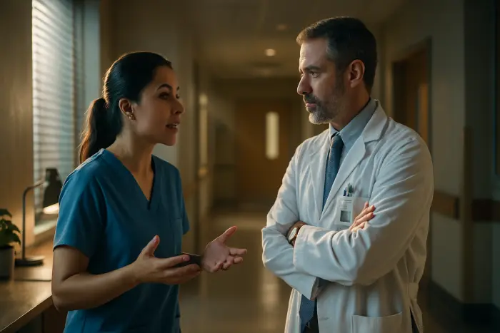 Two healthcare professionals having a conversation in a hospital corridor. A nurse in scrubs is using confident body language while speaking with a supervisor who is listening attentively. They're standing in a quiet section of the hallway that provides privacy while still in a healthcare environment. The scene shows mutual respect and engagement through their facial expressions and posture. The composition captures the essence of a healthcare worker advocating for workplace improvements in their specific industry context. Photo-realistic, professional photography, high-resolution, natural lighting, authentic details.
