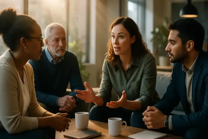 A diverse group of four professionals engaged in a thoughtful conversation in a bright, modern breakroom setting. The focal point shows a woman in business casual attire leaning forward slightly with an expression of confident self-advocacy, gesturing with her hands to emphasize a point. Across from her, three colleagues (representing different ages, ethnicities and genders) listen attentively with expressions of consideration and engagement. The environment features natural light streaming through large windows, comfortable seating, and subtle workplace elements like coffee cups and notebooks (without visible text). The composition captures the essence of a constructive workplace discussion where someone is advocating for their professional needs. Photo-realistic, professional photography, high-resolution, natural lighting, authentic details. A diverse group of four professionals engaged in a thoughtful conversation in a bright, modern breakroom setting. The focal point shows a woman in business casual attire leaning forward slightly with an expression of confident self-advocacy, gesturing with her hands to emphasize a point. Across from her, three colleagues (representing different ages, ethnicities and genders) listen attentively with expressions of consideration and engagement. The environment features natural light streaming through large windows, comfortable seating, and subtle workplace elements like coffee cups and notebooks (without visible text). The composition captures the essence of a constructive workplace discussion where someone is advocating for their professional needs. Photo-realistic, professional photography, high-resolution, natural lighting, authentic details.