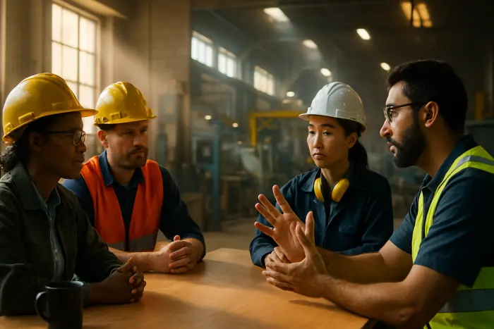 A diverse team meeting in a manufacturing facility break room. Workers wearing different types of safety gear and uniforms are engaged in a respectful conversation. One person is using hand gestures to indicate boundaries while others nod in understanding. The industrial setting shows equipment in the background, with natural light coming through high windows. The scene captures different cultural backgrounds represented in the workforce having a constructive boundary discussion. No documents, paperwork or text visible. Photo-realistic, professional photography, high-resolution, natural lighting, authentic industrial setting.