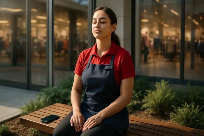 A retail employee in a store uniform taking a peaceful break outside a shopping mall. They're sitting on a bench in a small green area, eyes closed, practicing a moment of mindfulness. Their posture shows relaxation while maintaining professionalism. Their phone is visible but face-down beside them, indicating a deliberate digital boundary. The contrast between the busy retail environment visible through glass doors and this moment of tranquility illustrates workplace boundary setting in action. No text, signage or written materials visible. Photo-realistic, professional photography, high-resolution, natural lighting, authentic retail environment.
