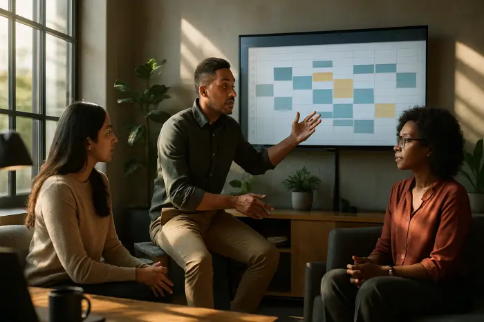 A diverse group of professionals gathered in a modern, open-concept workspace with large windows letting in natural light. The scene shows three people engaged in a collaborative discussion around a digital display showing a calendar with clearly marked time blocks. One person is gesturing toward specific sections of the calendar while others listen attentively. Their body language shows engagement and mutual respect. The workspace features plants, comfortable seating, and subtle productivity tools. The atmosphere conveys professional focus balanced with wellbeing. No visible text, documents, or written materials appear in the scene. Photo-realistic, professional photography, high-resolution, natural lighting, authentic details. A diverse group of professionals gathered in a modern, open-concept workspace with large windows letting in natural light. The scene shows three people engaged in a collaborative discussion around a digital display showing a calendar with clearly marked time blocks. One person is gesturing toward specific sections of the calendar while others listen attentively. Their body language shows engagement and mutual respect. The workspace features plants, comfortable seating, and subtle productivity tools. The atmosphere conveys professional focus balanced with wellbeing. No visible text, documents, or written materials appear in the scene. Photo-realistic, professional photography, high-resolution, natural lighting, authentic details.